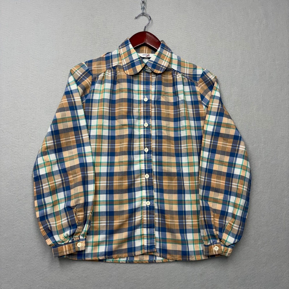 Levi's Shirt Womens Medium Blue Brown Plaid Vintage 80s Peter Pan Collar Top